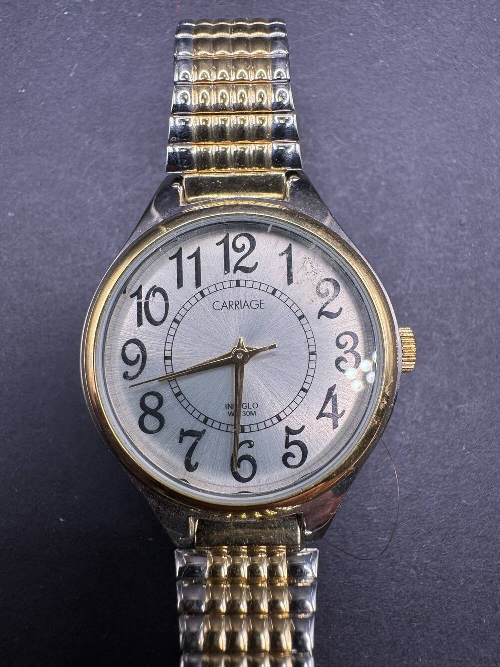 Carriage Wristwatch Two Tone Expansion Band Indiglo Silver Dial Gold Tone Case